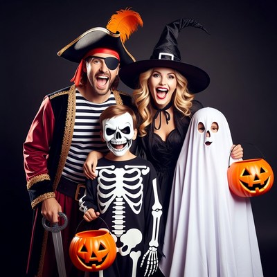 Family in Pirate Witch Skeleton Ghost Costumes