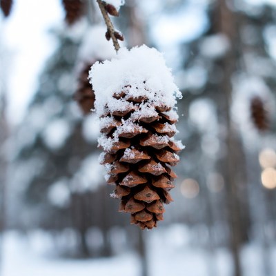Snow-covered pine cone on branch