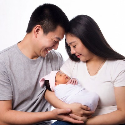 Asian family holding newborn baby