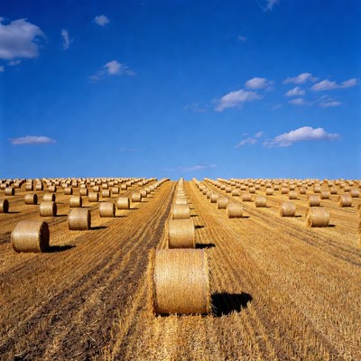 Hay bales in field under blue sky