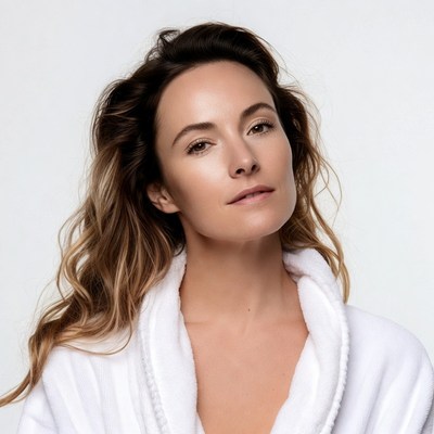 Woman in white bathrobe portrait