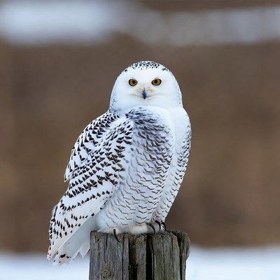 Snowy Owl Perched on Wooden Post