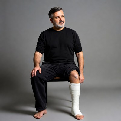 Man with leg cast sitting