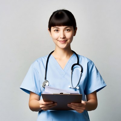 Asian nurse holding clipboard