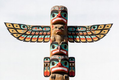 Colorful Totem Pole with Eagle and Bear