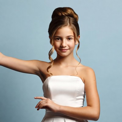 Girl in white strapless dress on blue background