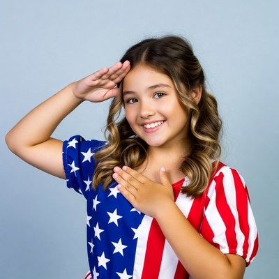 Girl saluting in American flag dress