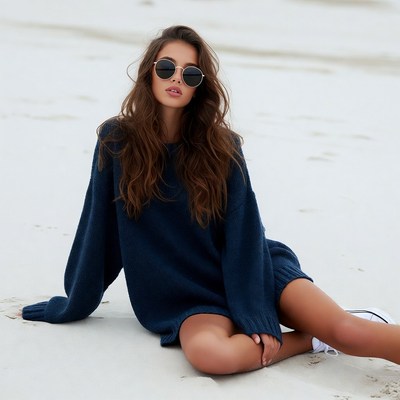 Woman in sunglasses sitting on sand