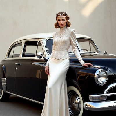 Woman in white vintage dress by black car