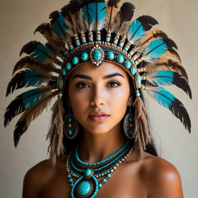 Woman in turquoise Native American headdress