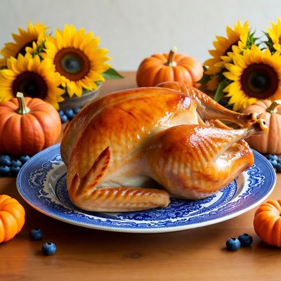 Roast Turkey with Sunflowers and Pumpkins