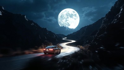 Car Driving Winding Road Full Moon