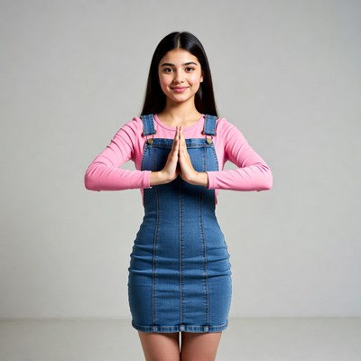 Asian woman in pink top blue overalls praying