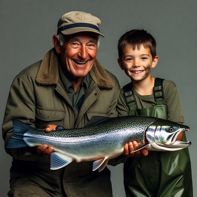 Grandfather and boy holding salmon