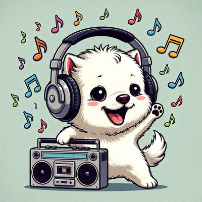 Cute white puppy with headphones and boombox