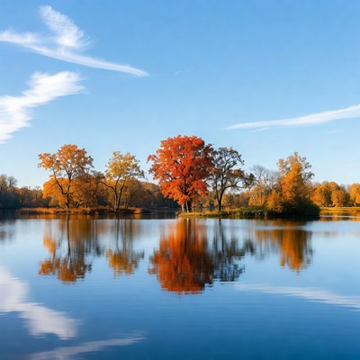 Red Maple Tree Island in Autumn Lake