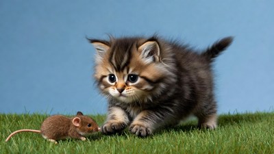 Kitten chasing mouse on grass