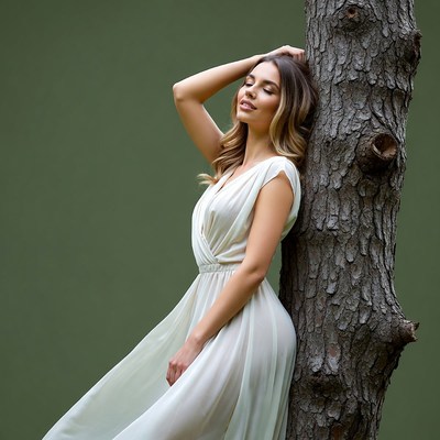Woman leaning against tree in white dress