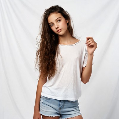 Teen girl in white shirt and denim shorts
