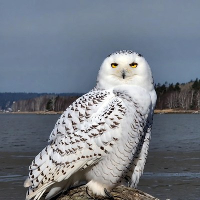 Snowy Owl Perched on Log by Lake