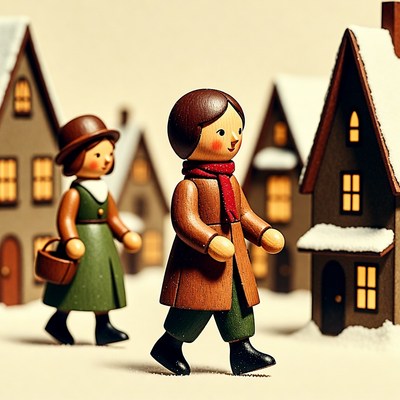 Wooden figurines walking in snowy village