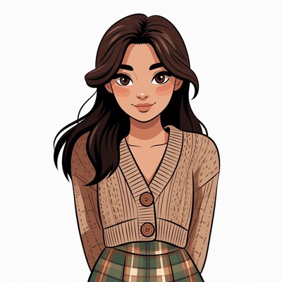 Asian woman in cardigan and plaid skirt