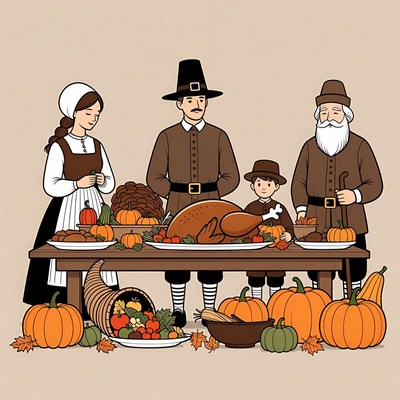 Pilgrim Family Thanksgiving Dinner Illustration