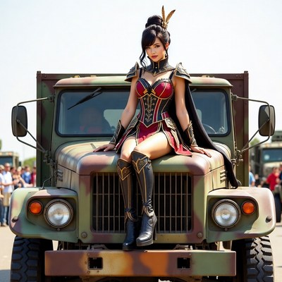 Asian woman in red cosplay on military truck
