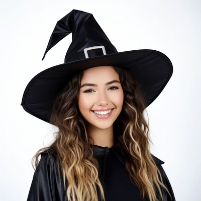 Smiling woman in black witch hat