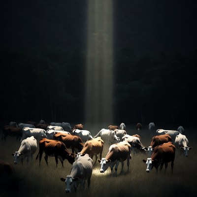 Cows Gathered Around Light Beam