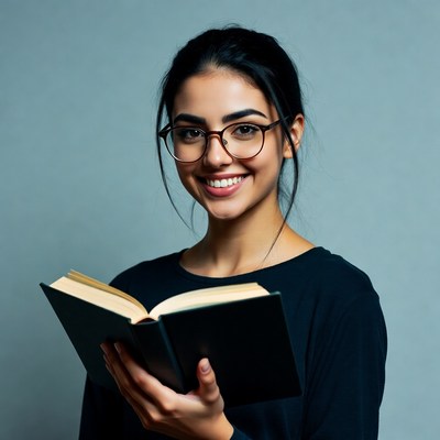Smiling woman reading book