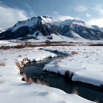 Snowy Mountains with Winding River