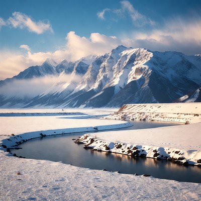 Snowy River Winding Through Mountains
