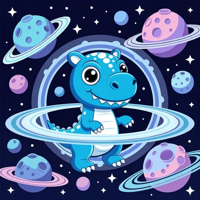 Cute blue dinosaur in space