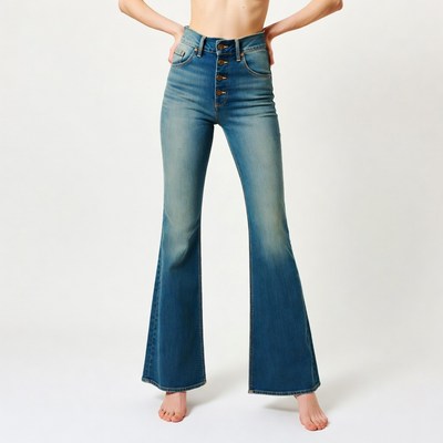 Woman posing in high-waisted flared jeans