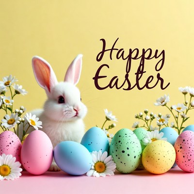 White bunny with Easter eggs