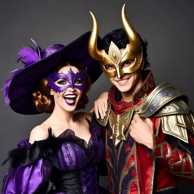 Couple in Venetian Masquerade Costumes