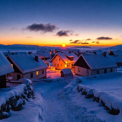 Snowy Mountain Village at Sunset