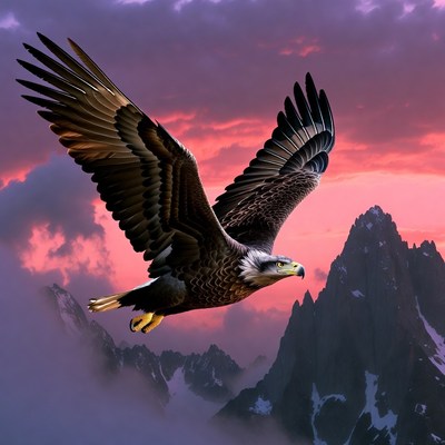 Bald eagle flying over mountains