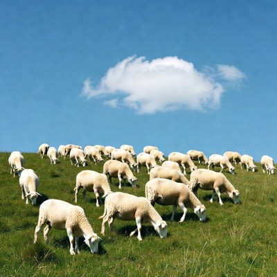 Herd of sheep grazing on green hill