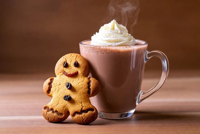 Gingerbread man with hot chocolate