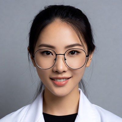 Asian woman in glasses and lab coat