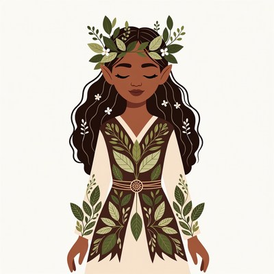 Dark-skinned woman in leafy green dress