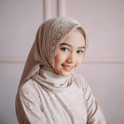 Smiling Asian woman in lace hijab