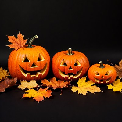 Three Jack-o-Lanterns with Autumn Leaves