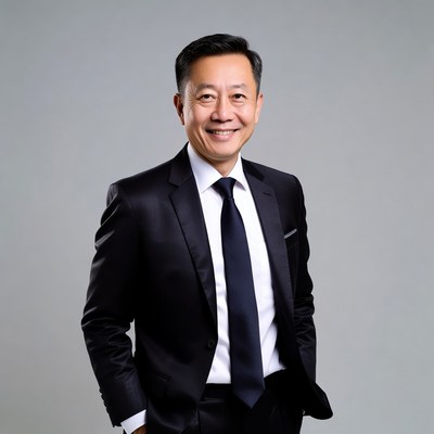 Asian man in black suit smiling