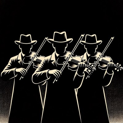 Three silhouetted men playing violins
