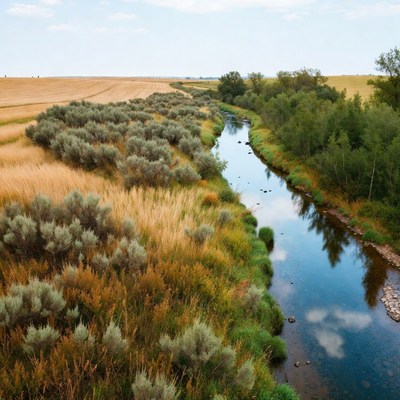 River winding through golden wheat fields
