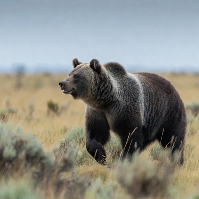 Grizzly bear walking in grassy field
