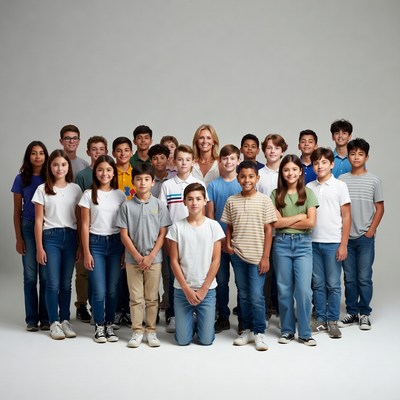 Teacher with diverse students group photo